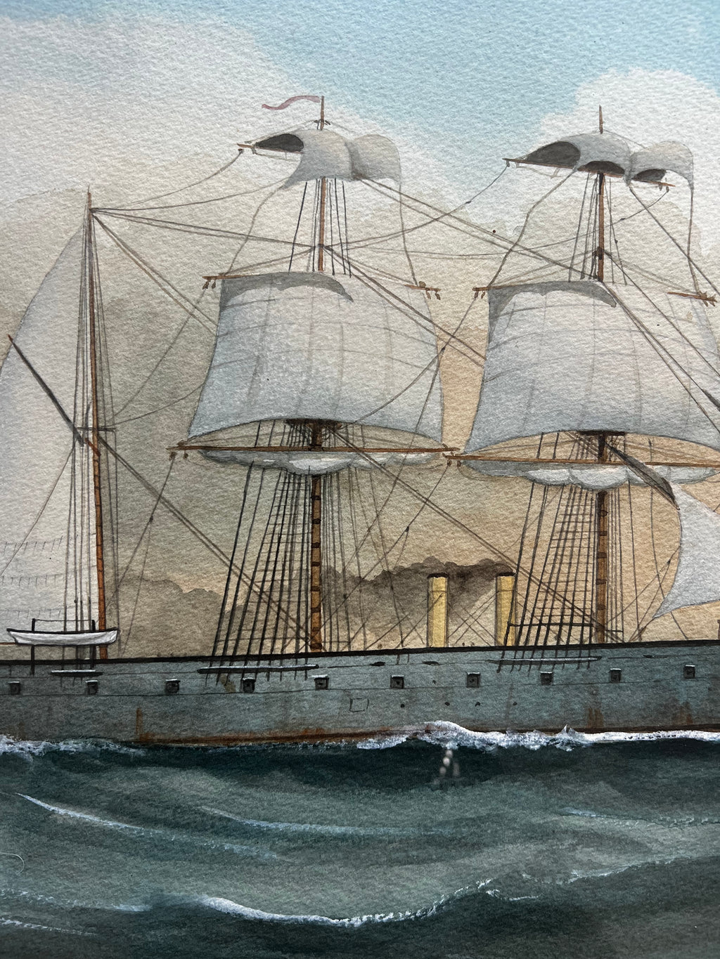 19th Century Watercolor Painting Of H.M.S. Northumberland by T. Beaumont