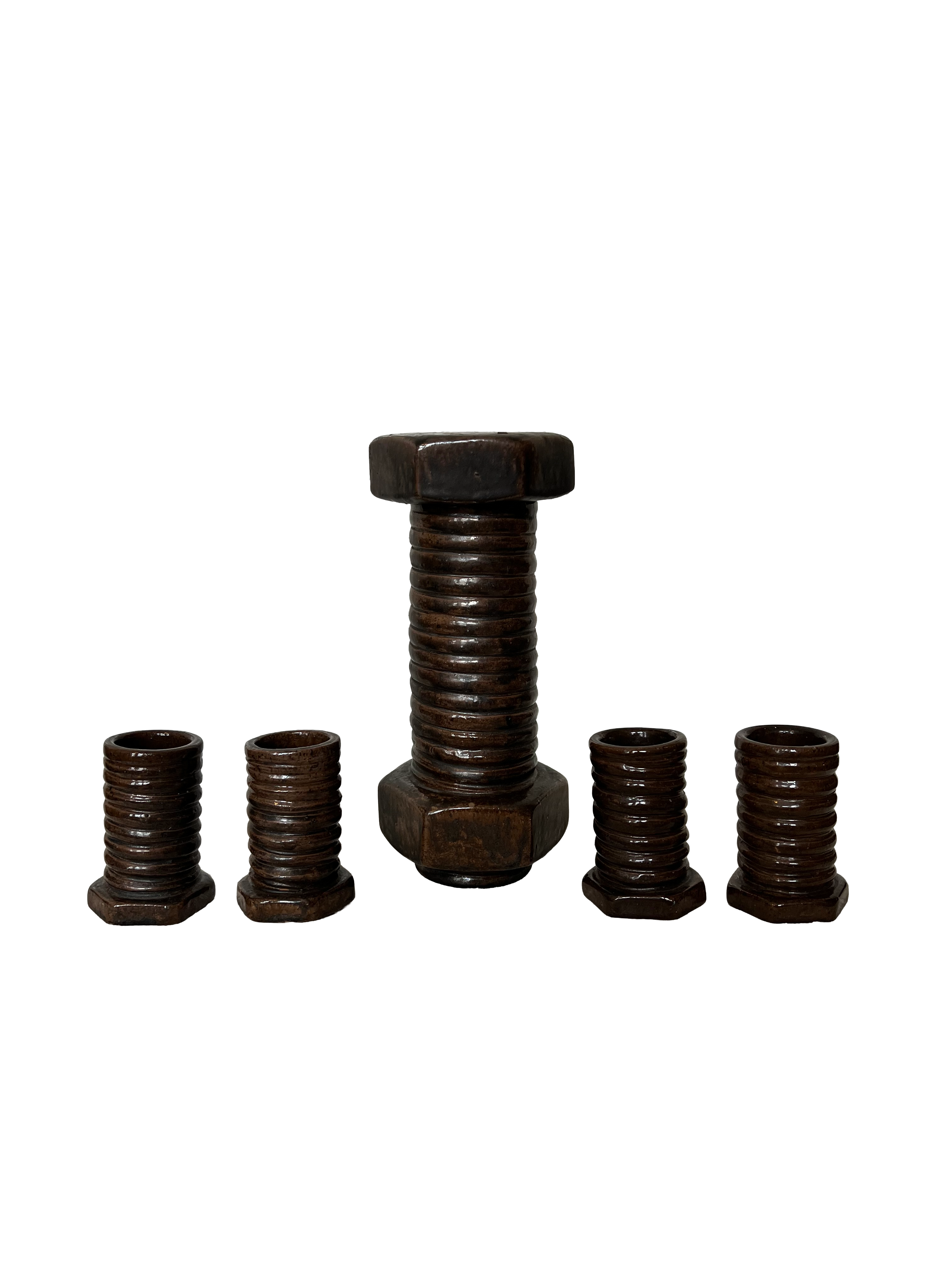 Mid Century Studio Pottery Nut And Bolt Decanter Set Signed