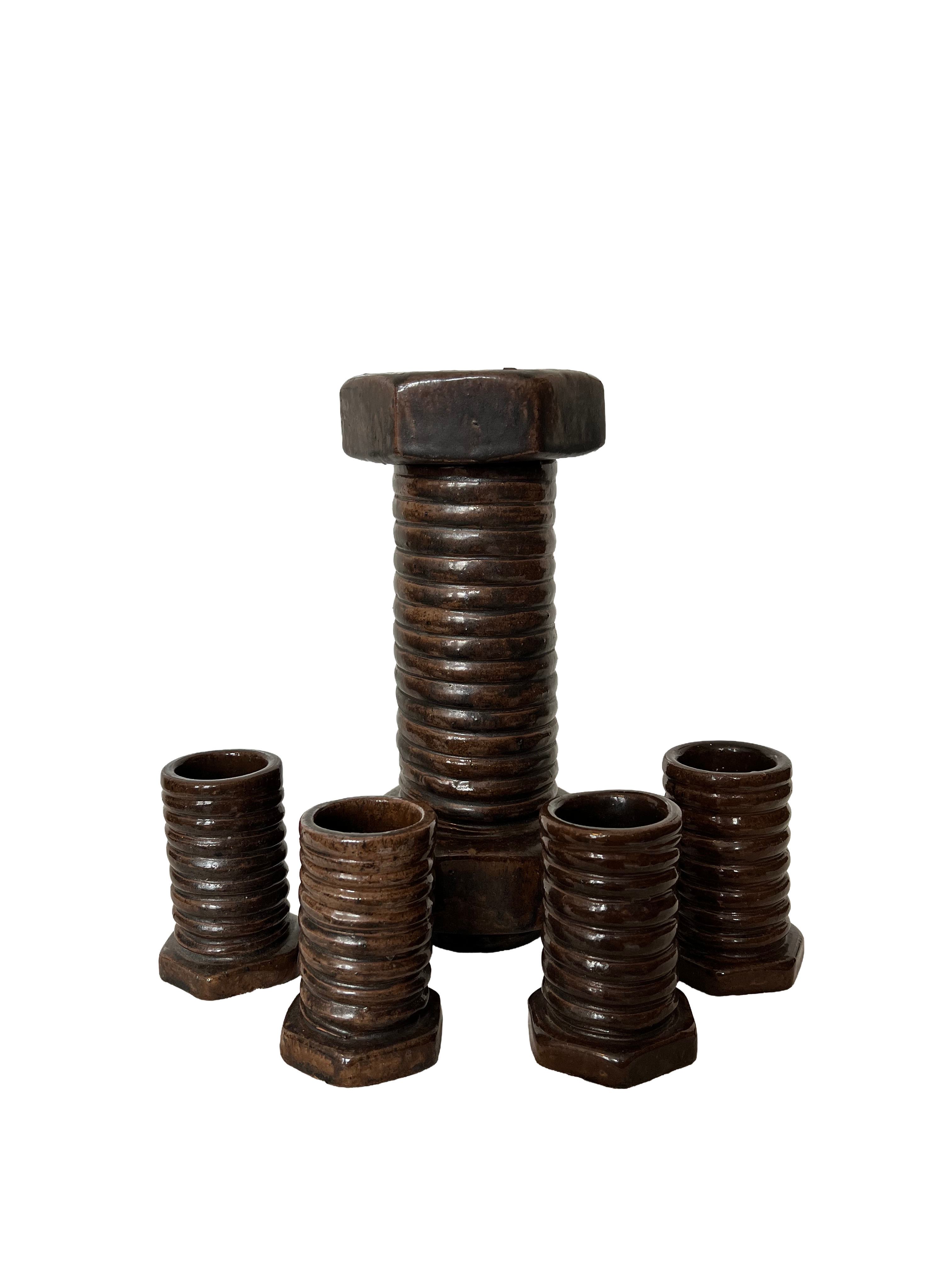 Mid Century Studio Pottery Nut And Bolt Decanter Set Signed