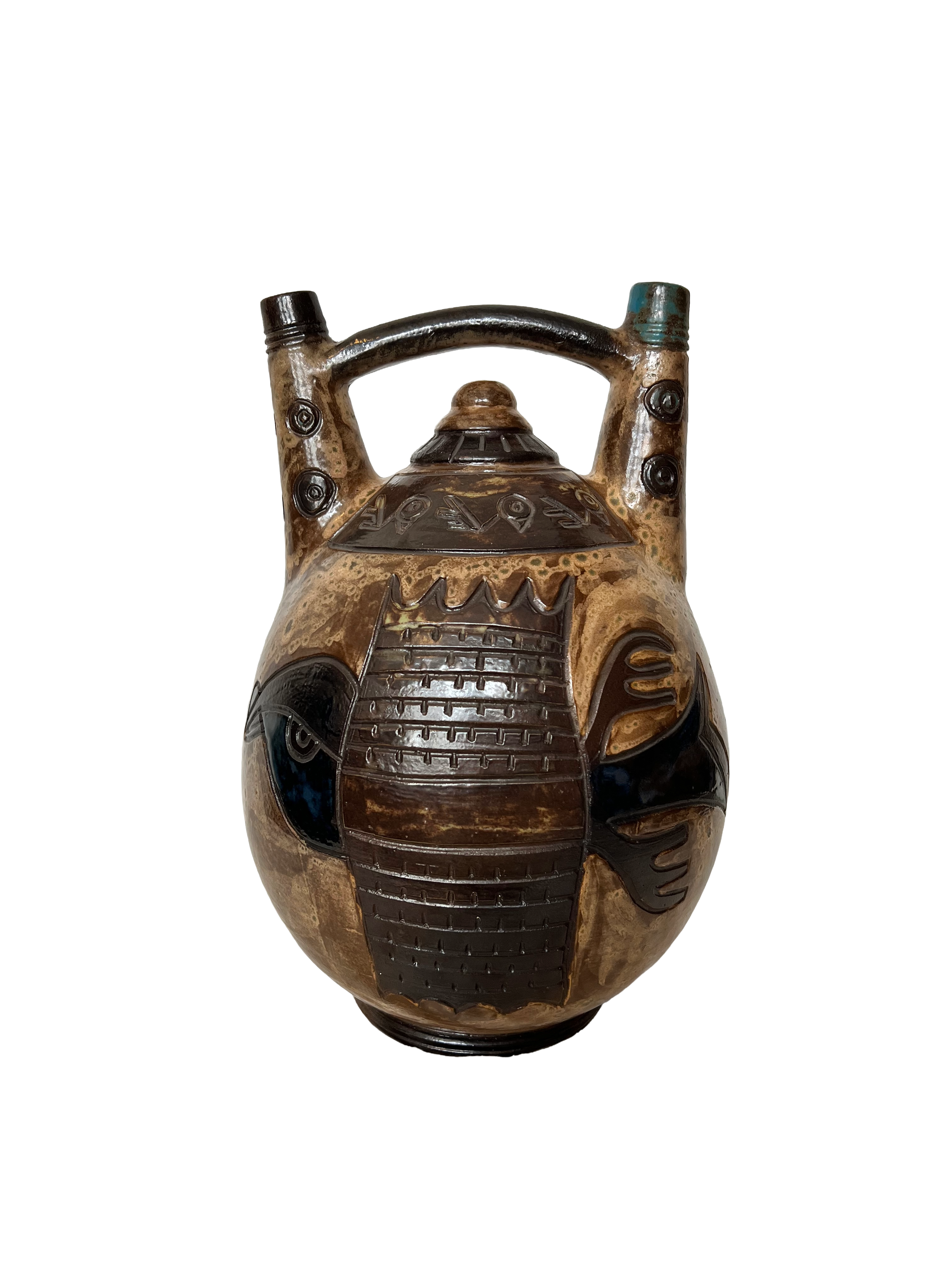 Double-Sided Decor Salt-Glaze Stoneware Vase By Roger Guérin c.1940