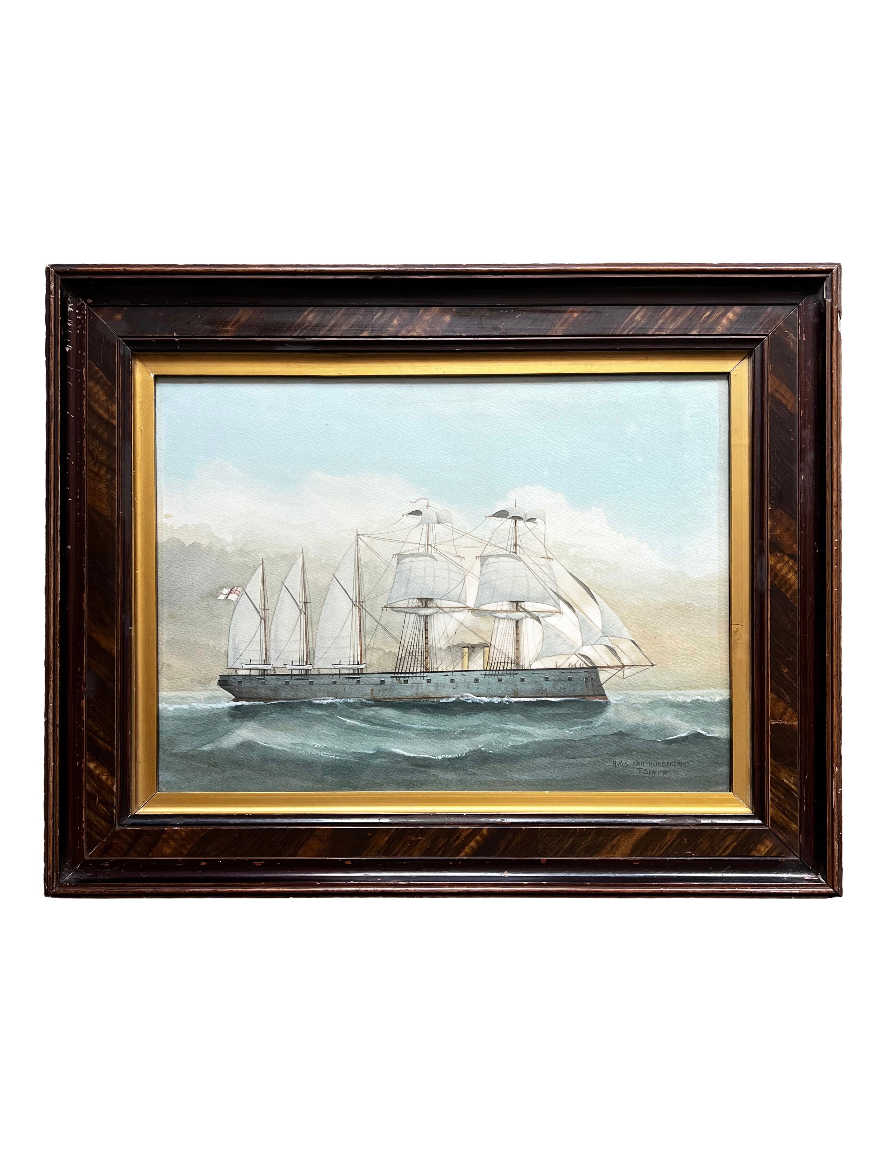 19th Century Watercolor Painting Of H.M.S. Northumberland by T. Beaumont