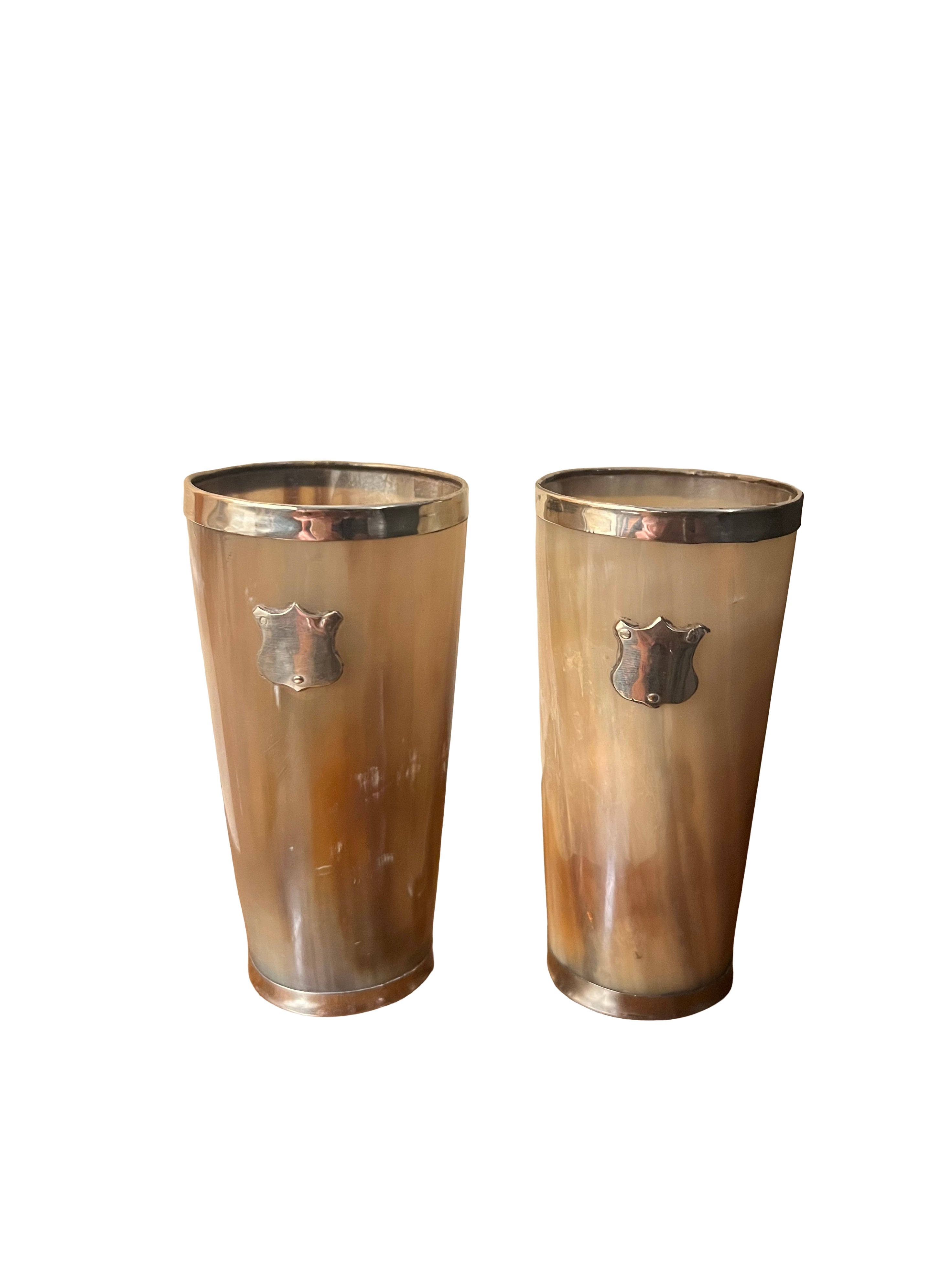 Antique Pair Of Horn Beakers / Cups With Silvered Edge And Shield