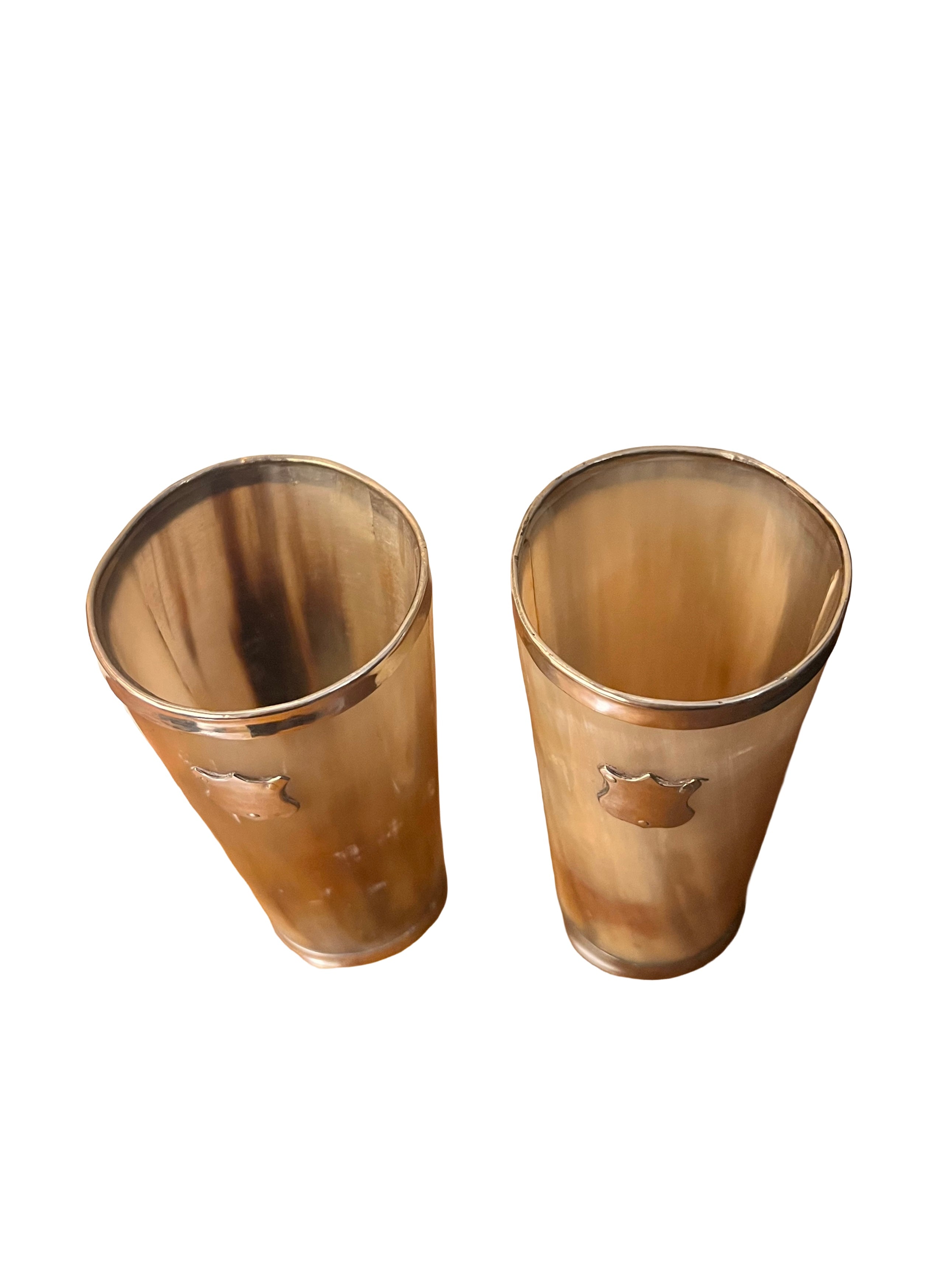 Antique Pair Of Horn Beakers / Cups With Silvered Edge And Shield
