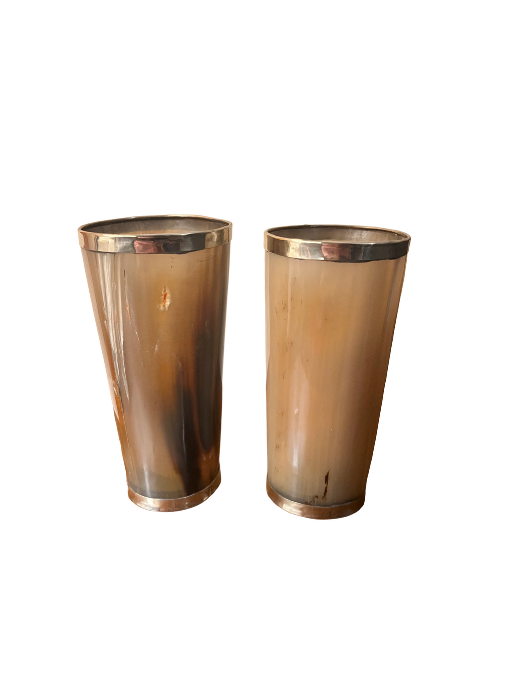 Antique Pair Of Horn Beakers / Cups With Silvered Edge And Shield